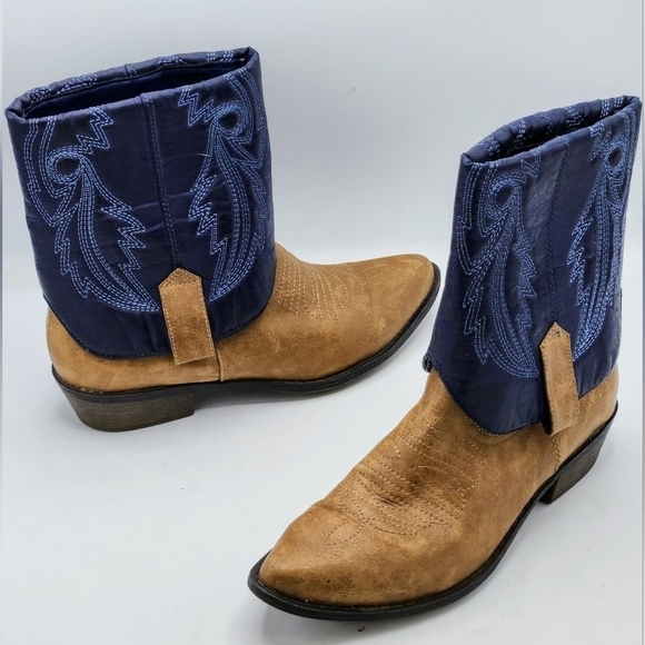 Coconuts By Matisse Tan Blue Cowboy Boots Distressed Fold over Faux Leather SZ 7 - Picture 1 of 16